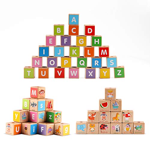 Jacootoys Trenes de Juguete Tren de Madera con Letras Alfabeto Bloque Juegos de Construcción Preescolar para Niños de 2 Años, 26 Piezas