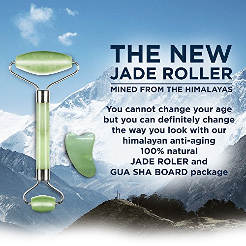 Jade Roller & Gua Sha Masaje para raspar – Himalaya antienvejecimiento 100% natural Jade Piedra Set – Rodillo de belleza para adelgazar y reafirmar – Rejuvenece la piel y elimina las arrugas