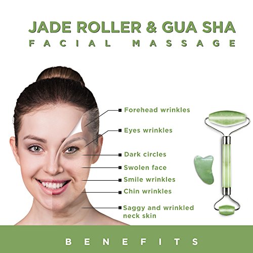 Jade Roller & Gua Sha Masaje para raspar – Himalaya antienvejecimiento 100% natural Jade Piedra Set – Rodillo de belleza para adelgazar y reafirmar – Rejuvenece la piel y elimina las arrugas
