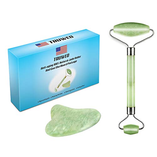 Jade Roller & Gua Sha Masaje para raspar – Himalaya antienvejecimiento 100% natural Jade Piedra Set – Rodillo de belleza para adelgazar y reafirmar – Rejuvenece la piel y elimina las arrugas