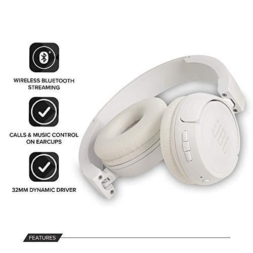 JBL T450BT - Auriculares de diadema inalámbricos con Bluetooth 4.0, sonido Pure Bass, 11 h de música continua, blanco