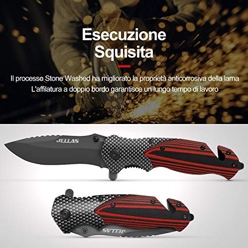 Jellas Cuchillo Plegable Supervivencia, Navaja Táctica con Punta Rompevidrio y Cutter Cinturón, 7Cr17 Acero Inoxidable con Hoja Recubierta de Titanio, Mango de Aluminio+G10, para Acampar, Picnic, Caza