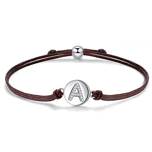 J.Endéar Pulsera Forma de Inicial A, Plata de Ley 925 Circonita Cúbica Pulseras Iniciales, Regalo de Amistad 24cm Trenzado Hecho a Mano Ajustable