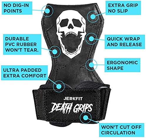 JerkFit Death Grips Ultra Premium Lifting Straps for Deadlifts, Pull Ups, Heavy Shrugs | Lifting Hand Grips with Padded Support | Palm Protection & Increased Grip for Heavy Pull Lifts. (Small)