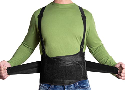 JeVx Faja Lumbar para la Espalda REFORZADA DOBLE CIERRE Y TIRANTES - Talla L para Hombre Cinturon Elastico Reforzado para Trabajo y Deporte Corrector de Postura Ajustable Abdominal Dolor Compresora