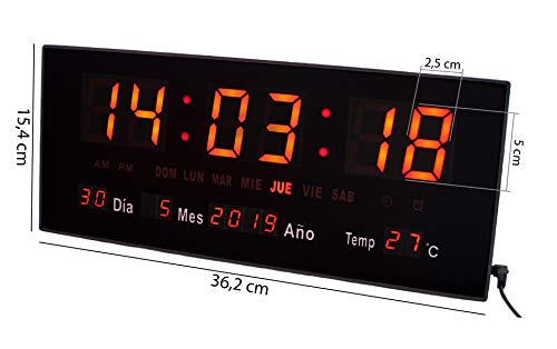 JEVX Reloj Digital de Pared y Sobremesa 2 en 1 - Mediano para Colgar y con Pie de Apoyo Alarma Luz Color Rojo Calendario Termometro Medidor de Temperatura Escritorio Mesa Fuente de Alimentacion