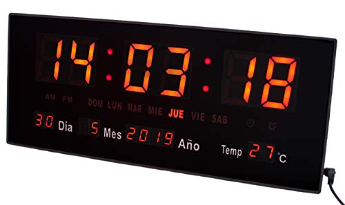 JEVX Reloj Digital de Pared y Sobremesa 2 en 1 - Mediano para Colgar y con Pie de Apoyo Alarma Luz Color Rojo Calendario Termometro Medidor de Temperatura Escritorio Mesa Fuente de Alimentacion