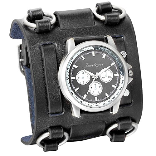 JewelryWe Reloj de Pulsera Grande Negro de Estilo Gótico Punky Hip-Hop para Hombres Chicos, Correa de Cuero Ancha de Moda Retro Punk Rock, Regalos Dia del Padre Originales