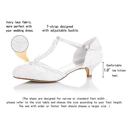 JIA JIA Zapatos de Novia de Las Mujeres 01129 Cerrado Dedo del Pie Correa en T Bajo Talón Satén de Encaje Bombas de Imitación Zapatos de Boda Color Marfil,Tamaño 42