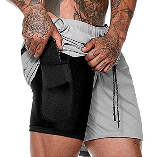 JIANYE Pantalón Corto para Hombre,Pantalones Cortos Deportivos para Correr 2 en 1 para Hombres Secado rápido Transpirable con Forro de Bolsillo Incorporado Gris Oscuro L