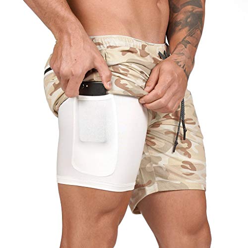 JIANYE Pantalón Corto para Hombre,Pantalones Cortos Deportivos para Correr 2 en 1 para Hombres Secado rápido Transpirable con Forro de Bolsillo Incorporado Albaricoque L