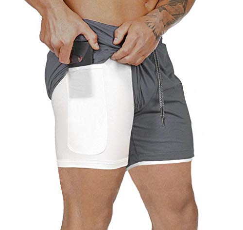 JIANYE Pantalón Corto para Hombre,Pantalones Cortos Deportivos para Correr 2 en 1 para Hombres Secado rápido Transpirable con Forro de Bolsillo Incorporado Gris L