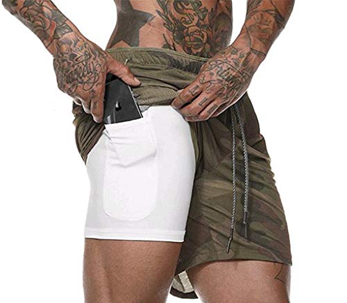 JIANYE Pantalón Corto para Hombre,Pantalones Cortos Deportivos para Correr 2 en 1 para Hombres Secado rápido Transpirable con Forro de Bolsillo Incorporado Ejército Verde M