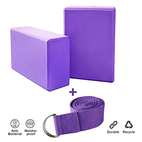 JIM'S STORE Bloque de Espuma+Correa,Bloque de Yoga Ejercico EVA de Alta Densidad para Mejorar Fuerza y Flexibilidad Yoga Pilates Amantes(Morado)