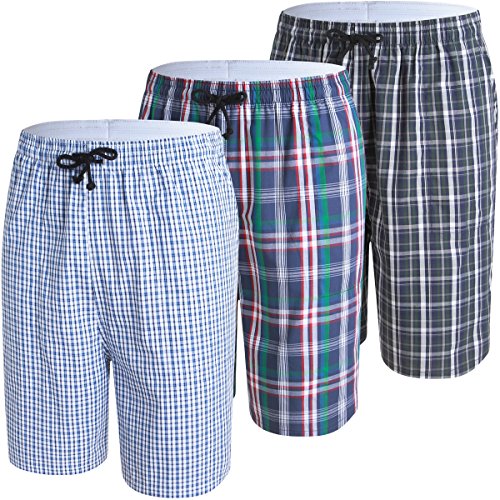 JINSHI Hombre Pijama Pantalones Cortos de Algodón Elástico a Cuadros Ropa de Salón Noche Verano Mix Pack 3 Talla L