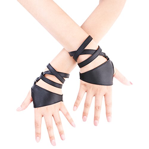 JISEN - Guantes de piel sintética para mujer con media palma sin dedos - Negro - talla única