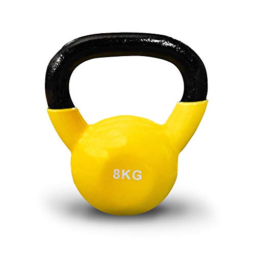 JOWY Pesa Rusa 8kg Ideal para Entranamiento Musculación | Kettlebell 8kg Revestimiento de Vinilo Amarillo