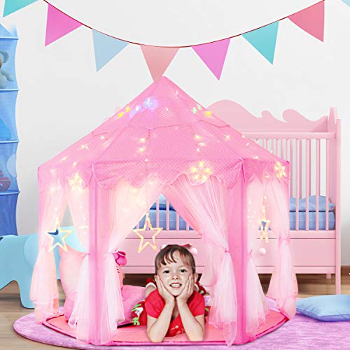 joylink Juego de Castillo, Princesa Interior Tiendas Tienda de Juego para niños al Aire Libre Portable Gran Playhouse con pequeñas Luces de Estrellas, 53 '' x 55 '' (DxH) (Rosado 2)