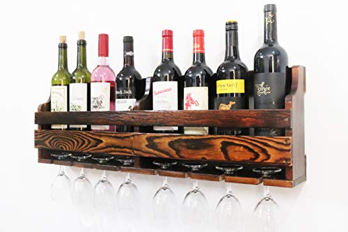 JRLinco Estante de Vino de Madera, Estante de exhibición de Vidrio de Vino y Botella de Vino, montado en la Pared, 8 Botellas 8 Soporte de Vidrio de Tallo Largo (Color Nogal carbón, 8 Botellas=80 cm)
