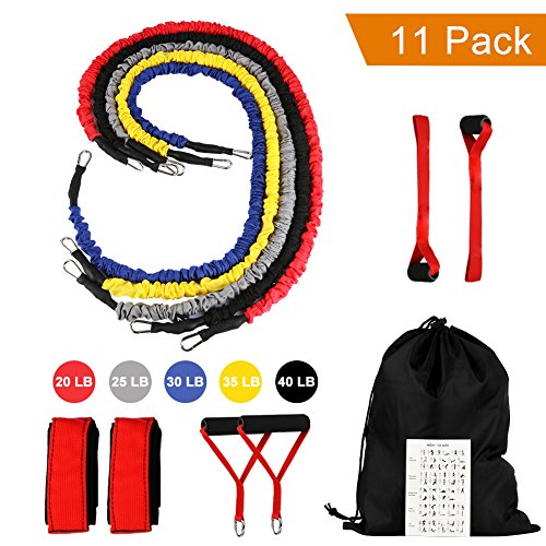 Juego de 11 Piezas Bandas Elasticas Resistencia Fitness con Agarre, Anclaje para Puerta, Tobilleras, Bolsa de Transporte, Gomas Elasticas Fitness Completos para Entrenamiento/Terapia Física