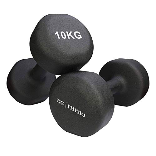 Juego de 2 mancuernas de neopreno KG Physio. Pesos disponibles: 1 kg, 2 kg, 3 kg, 4 kg, 5 kg, 6 kg, 8 kg y 10 kg (se venden por pares). Con póster de tamaño A3, color negro, tamaño 10 kg