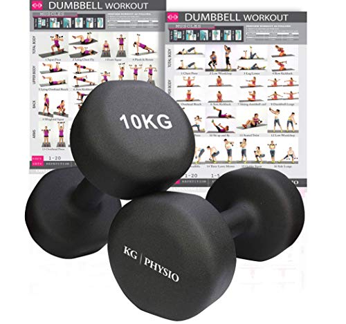 Juego de 2 mancuernas de neopreno KG Physio. Pesos disponibles: 1 kg, 2 kg, 3 kg, 4 kg, 5 kg, 6 kg, 8 kg y 10 kg (se venden por pares). Con póster de tamaño A3, color negro, tamaño 10 kg