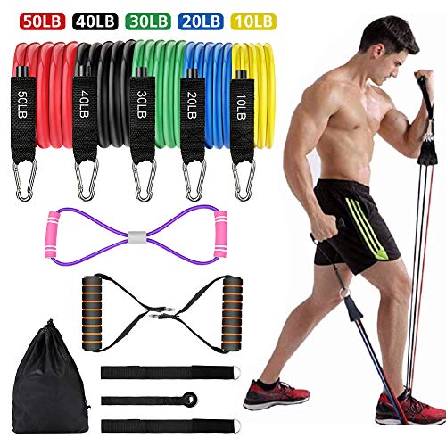 Juego de Bandas de Resistencia para Ejercicios, Bandas elásticas de Ejercicios de Fitness con Tubos de Ejercicios, Mangos de Espuma, Correas de Tobillo, Ancla de Puerta para Gimnasio en casa-13pcs