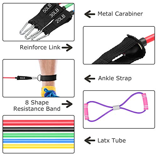 Juego de Bandas de Resistencia para Ejercicios, Bandas elásticas de Ejercicios de Fitness con Tubos de Ejercicios, Mangos de Espuma, Correas de Tobillo, Ancla de Puerta para Gimnasio en casa-13pcs