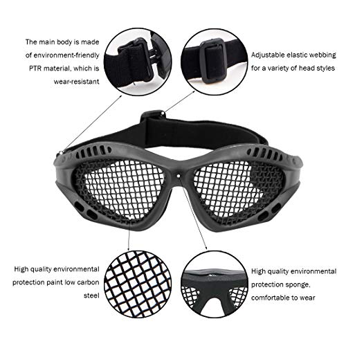 Juego de máscara y gafas de airsoft, máscara de malla de calavera, máscara protectora de media cara con gafas Airsoft, protección para los ojos con banda elástica para juegos CS al aire libre (negro)