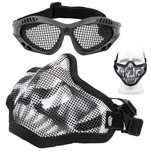 Juego de máscara y gafas de airsoft, máscara de malla de calavera, máscara protectora de media cara con gafas Airsoft, protección para los ojos con banda elástica para juegos CS al aire libre (negro)