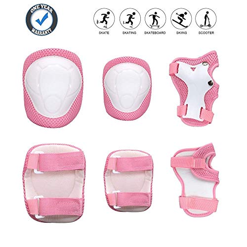 Juego de rodilleras protectoras para niños, rodilleras, coderas, protectores de muñeca, 6 unidades para multideportes, monopatín, patines en línea, ciclismo, bicicleta, BMX, rosa