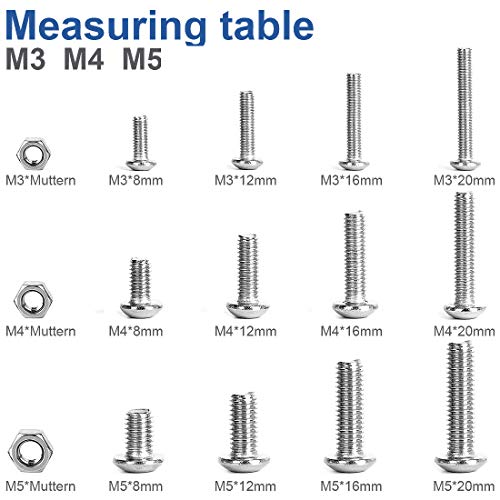 Juego de Tornillos y Tuercas, Tornillos de Cabeza de Botón Tornillos Hexagonales M3 M4 M5 Cabeza de Botón de Acero Inoxidable Head Hex Cabeza de Casquillo Tornillos