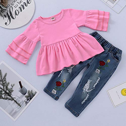 Julhold - Camiseta de algodón para bebé y niña, con volantes, diseño floral y pantalones ajustados de mezclilla con bordado de 1 a 4 años Rosa rosa 24 meses
