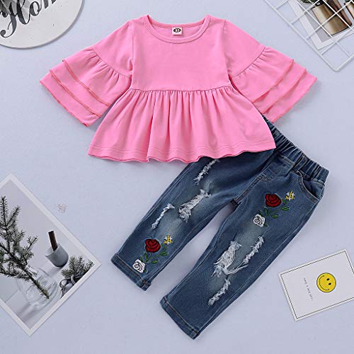 Julhold - Camiseta de algodón para bebé y niña, con volantes, diseño floral y pantalones ajustados de mezclilla con bordado de 1 a 4 años Rosa rosa 24 meses