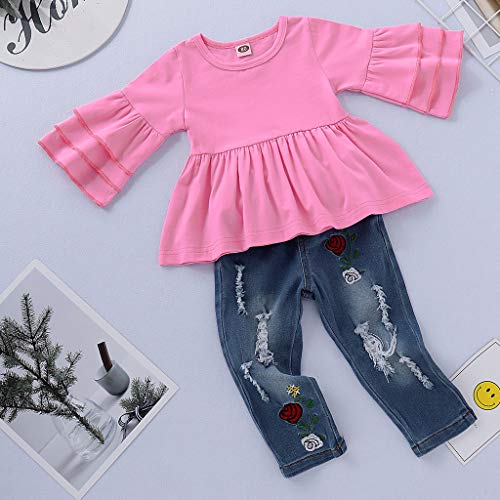 Julhold - Camiseta de algodón para bebé y niña, con volantes, diseño floral y pantalones ajustados de mezclilla con bordado de 1 a 4 años Rosa rosa 24 meses