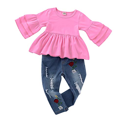 Julhold - Camiseta de algodón para bebé y niña, con volantes, diseño floral y pantalones ajustados de mezclilla con bordado de 1 a 4 años Rosa rosa 24 meses