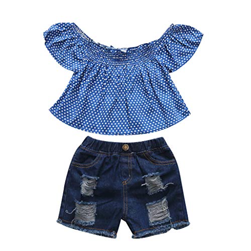 Julhold - Conjunto de camisetas de algodón con estampado de lunares y pantalones cortos de mezclilla de 1 a 5 años Azul azul 2-3 Años