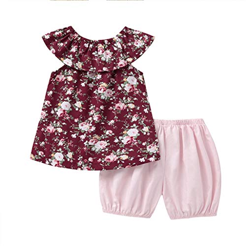 Julhold Verano Niño Niña Ocio Elegante Floral Sin Mangas Tops+Pantalones Cortos de Arco Trajes Conjunto de Ropa 0-3 Años Rojo Vino 24 meses