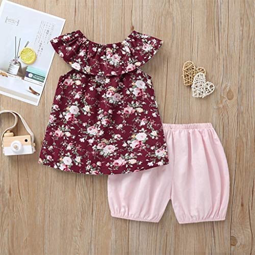 Julhold Verano Niño Niña Ocio Elegante Floral Sin Mangas Tops+Pantalones Cortos de Arco Trajes Conjunto de Ropa 0-3 Años Rojo Vino 24 meses