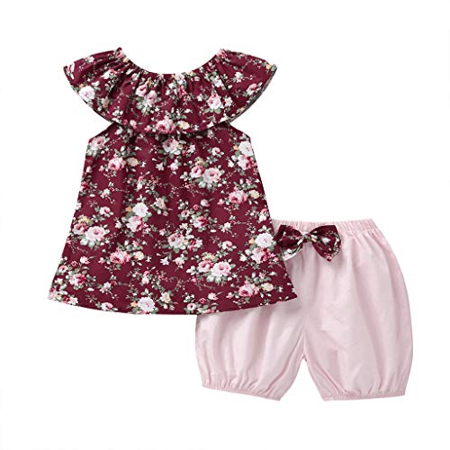 Julhold Verano Niño Niña Ocio Elegante Floral Sin Mangas Tops+Pantalones Cortos de Arco Trajes Conjunto de Ropa 0-3 Años Rojo Vino 24 meses