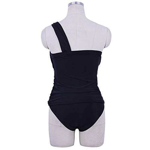 JURTEE Traje De Baño para Mujer Bikini con Pliegues Tankini De Dos Piezas Un Hombro Ojo De La Cerradura Bikini con Cintura Baja (L, Negro)