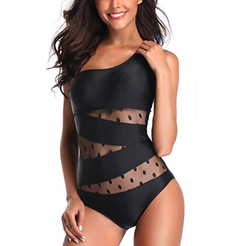 JURTEE Un Hombro Moda Siamés Solid Color Bikini con Punto De Onda Monokini Push-Up Bañador De Verano para Mujer Ropa De Playa (XXXL, Negro)