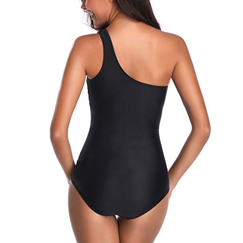 JURTEE Un Hombro Moda Siamés Solid Color Bikini con Punto De Onda Monokini Push-Up Bañador De Verano para Mujer Ropa De Playa (XXXL, Negro)