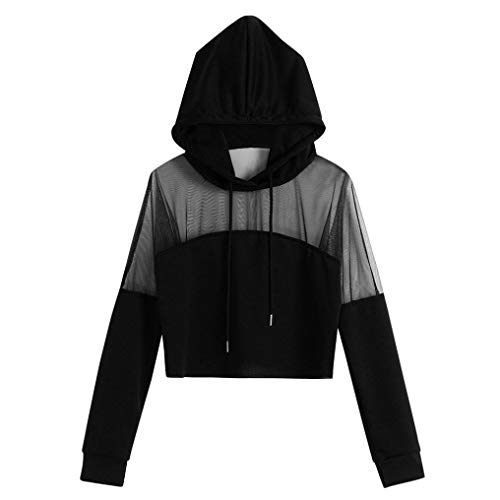 K-Youth Mujer Sudaderas Cortas, Sudaderas Tumblr Mujer Cortas Otoño Original Rejilla Patchwork Sudaderas con Capucha Mujer Manga Larga Blusa Casual Adolescente Chica Tops Deporte(Negro, S)