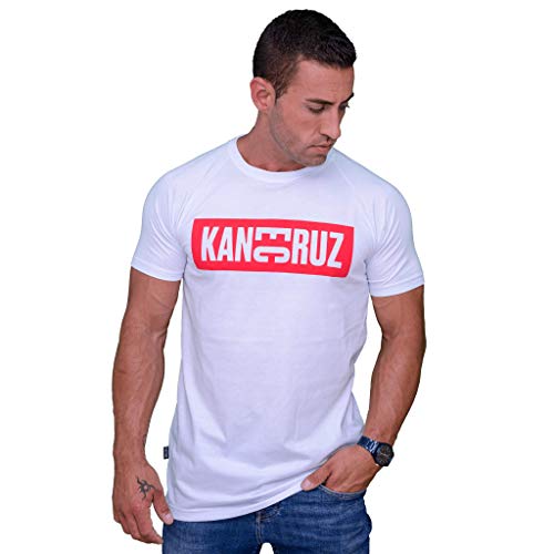 Kane Cruz - Brave Dobel Square White Red - Camiseta Manga Corta Hombre - Fabricada en España - Moda Urbana (L)