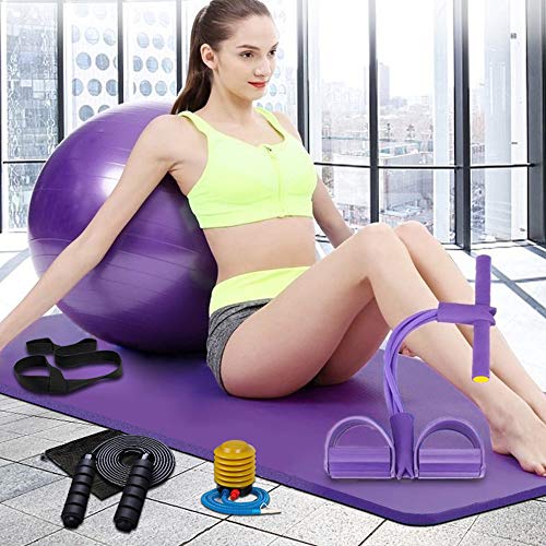 KEAFOLS Juego de colchonetas, colchoneta de Yoga con Correa para el Hombro para Transporte y Almacenamiento, Equipo de Ejercicios con Bola de Tubo de Pilates, Cuerda para Saltar, Tirador de Tobillo.