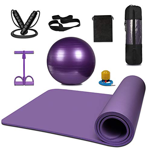 KEAFOLS Juego de colchonetas, colchoneta de Yoga con Correa para el Hombro para Transporte y Almacenamiento, Equipo de Ejercicios con Bola de Tubo de Pilates, Cuerda para Saltar, Tirador de Tobillo.