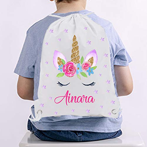 Kembilove Mochila Personalizada con Nombre Infantil – Mochilas Saco Personalizadas con el Nombre del Niño o Niña – Mochila Cuerdas Vuelta al Cole de Unicornio