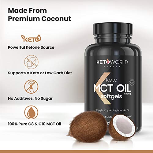 Keto Cápsulas de Aceite MCT Oil C8 - 3600 mg de Puro MCT Oil de Aceite de Coco, Refuerza la Cetosis, Dieta Keto, Suplemento Natural Vegano Quemagrasas, Para Adelgazar, Control Apetito, 90 Cápsulas