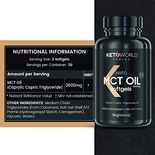 Keto Cápsulas de Aceite MCT Oil C8 - 3600 mg de Puro MCT Oil de Aceite de Coco, Refuerza la Cetosis, Dieta Keto, Suplemento Natural Vegano Quemagrasas, Para Adelgazar, Control Apetito, 90 Cápsulas